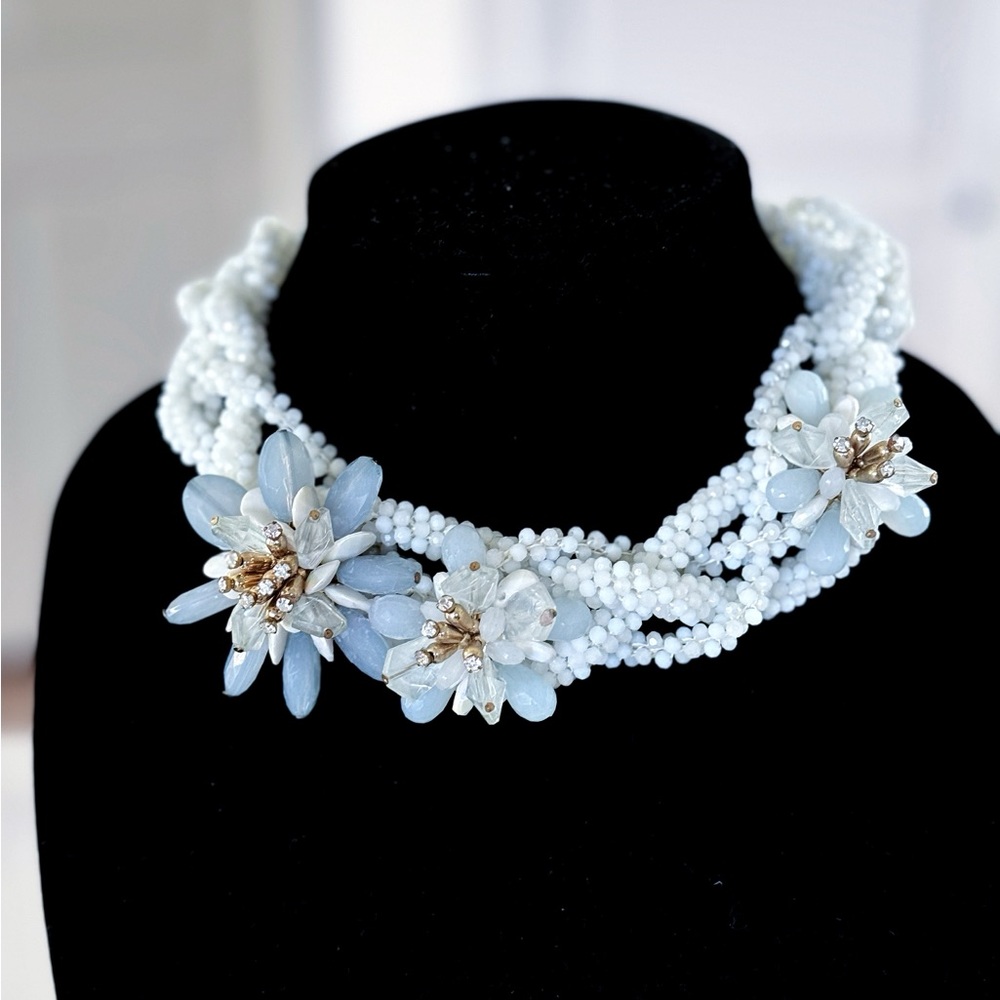 Ice Blue Quartz Look Beaded Chunky Flower Statement Necklace + Ring Set